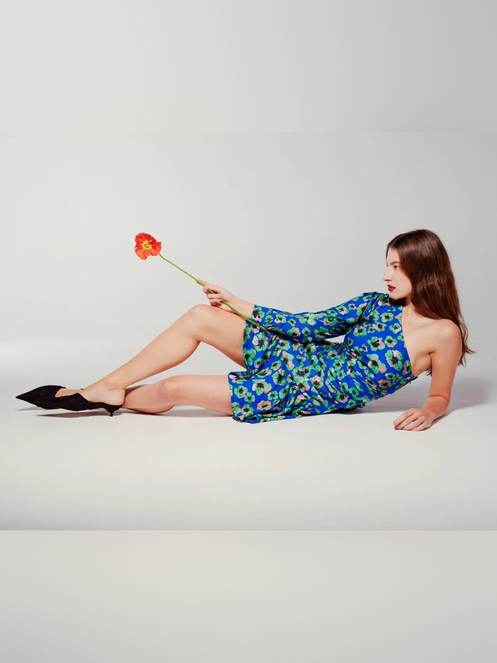Borgo De Nor || Silk Floral Mini Dress Ruched One Shoulder Blue UK 12 US‎ 6 - 8